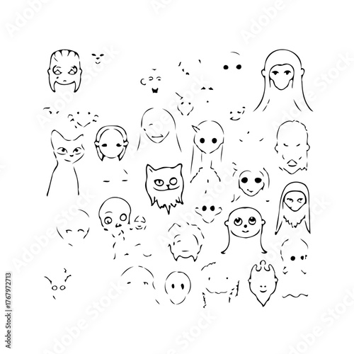 Expressive minimal line art illustration showcasing a variety of quirky faces and whimsical
