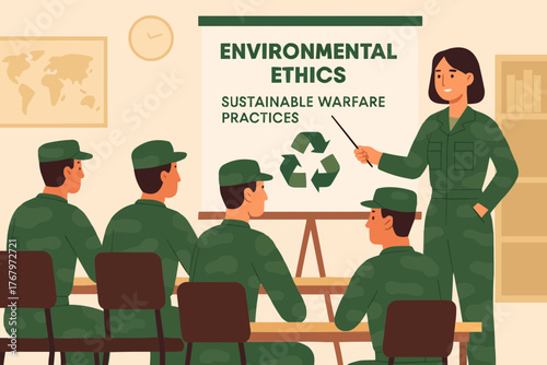 Soldiers in classroom learning about environmental ethics and sustainable warfare practices, flat vector scene