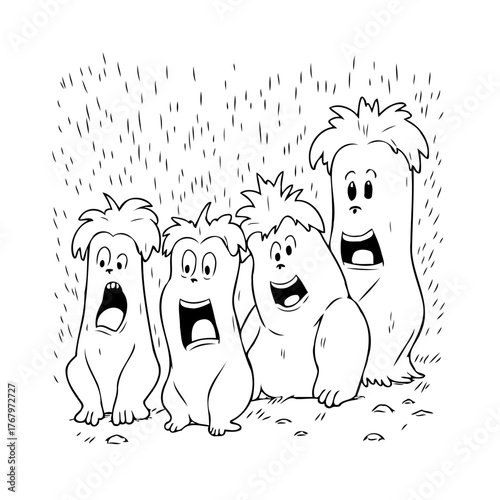 Expressive monochrome sketch featuring a collection of whimsical characters caught in unexpected