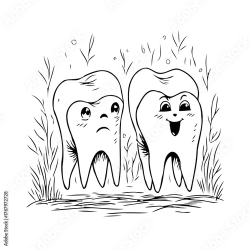 Expressive molar characters showcasing dental health contrast in a sketched dental wellness