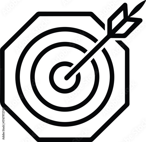 Black and white line art icon of an arrow hitting the bullseye on a target representing success and achievement