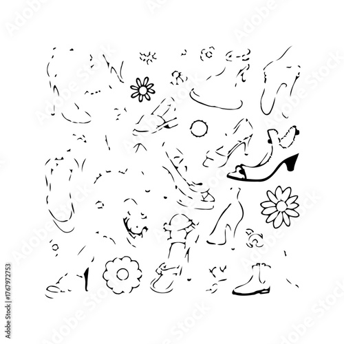 Fashion footwear collection featuring various styles and floral elements presented in minimalistic