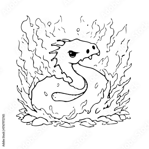 Fiery serpent drawing emerging amidst blazing flames and billowing smoke in a whimsical artistic