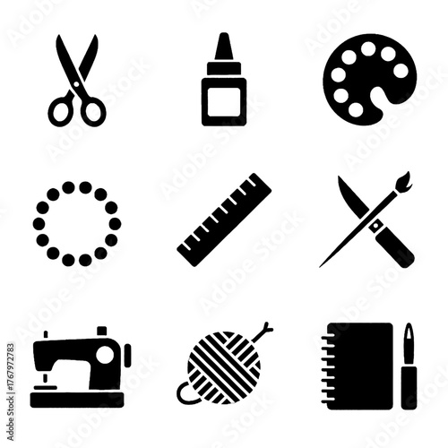 Collection of black silhouette icons representing various craft and art supplies including scissors, glue, paint palette, ruler, paintbrush, sewing machine, yarn, and notebook.