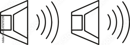 Simple line art icon of two speakers emitting sound waves on a white background