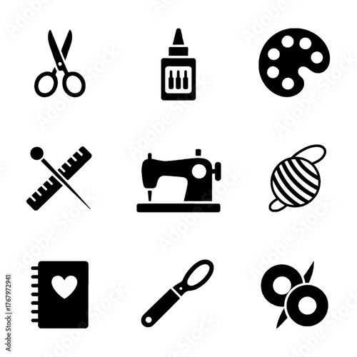 Set of black silhouette icons representing crafting and art supplies including scissors, glue, paint palette, ruler, sewing machine, yarn, notebook, magnifying glass, and spools