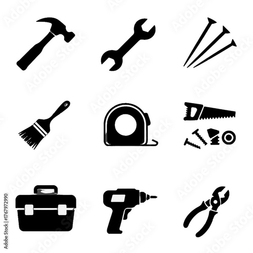 Set of black silhouette icons representing common hand tools and equipment used in construction and repair work.