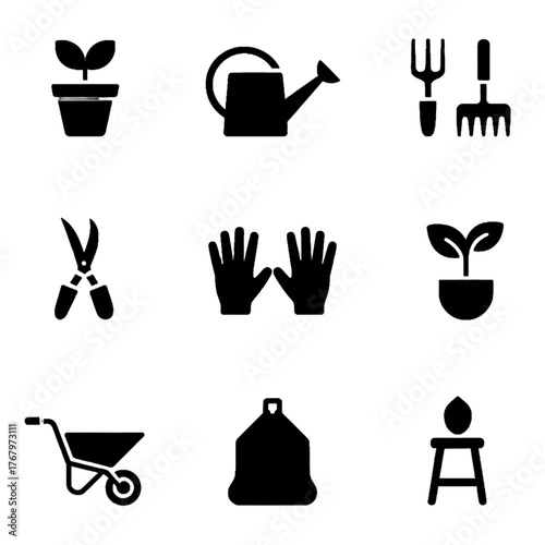 Set of gardening tools and plant-related icons in black silhouette style