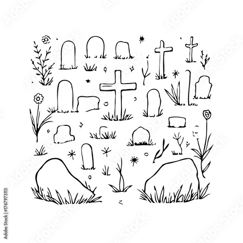 Hand drawn graveyard illustration depicting a peaceful resting place with tombstone designs in