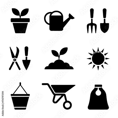 Set of gardening icons including tools, plants, and equipment in black silhouette style