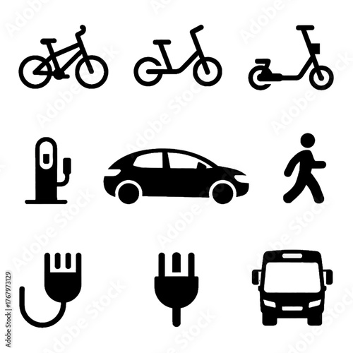 Icons representing various modes of transportation and energy sources, including bicycles, scooters, cars, buses, pedestrians, charging stations, and electrical plugs.