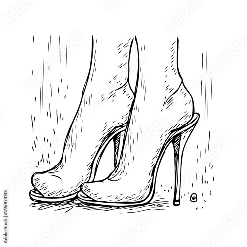 Hand drawn illustration high heels footwear sketch style woman standing elegant fashion drawing