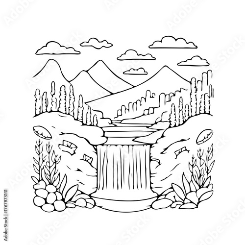 Hand drawn illustration of a majestic waterfall flowing through mountainous regions with dense
