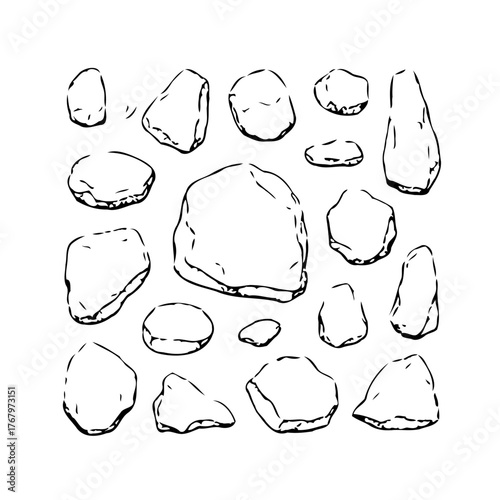 Hand drawn illustration of assorted pebbles creating artistic nature pattern and rock composition