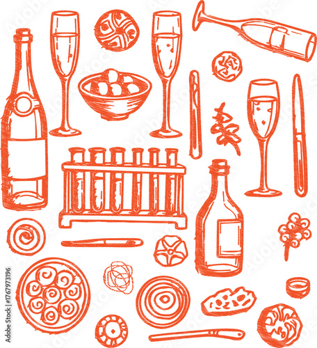 Hand drawn sketch of champagne bottles glasses and appetizers for a celebration or party
