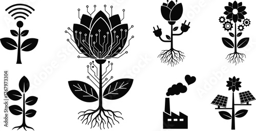 Futuristic plant technology illustration, circuit flower and smart agriculture design, renewable energy eco artwork, industrial nature fusion, innovative digital concept