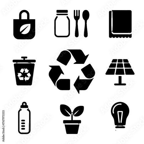 Set of environmental and sustainability icons including recycling, renewable energy, and eco-friendly products