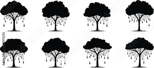 Stylized tree water droplet illustration, abstract rainfall concept, environmental nature design, ripple effect artwork, conservation theme, black silhouette eco pattern