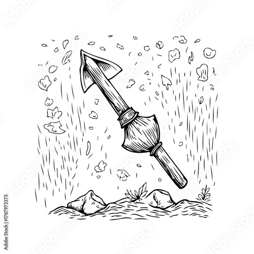 Hand-drawn arrow sketch in rural scene depicting antiquity hunting equipment or ancient survival