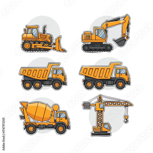 Illustration of various construction vehicles, including a bulldozer, excavator, dump trucks, cement mixer, and crane, isolated on a white background.