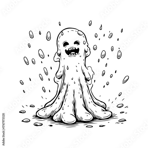 Humorous spectral character surrounded by dripping droplets creates a playful supernatural