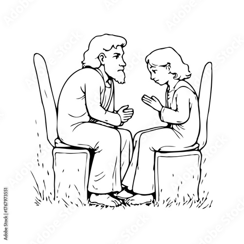 Illustration depicting contemplative conversation between mature man and thoughtful child in