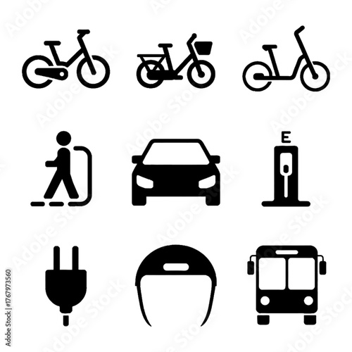 Icons representing various modes of transportation and related elements including bicycles, pedestrian, car, bus, helmet, charging station, and plug