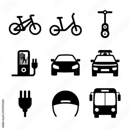 Collection of transportation and mobility icons including bicycles, electric scooter, car, taxi, bus, helmet, charging station, and plug