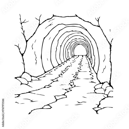 Illustration of a rustic tunnel with a textured path and natural rock formations leading into