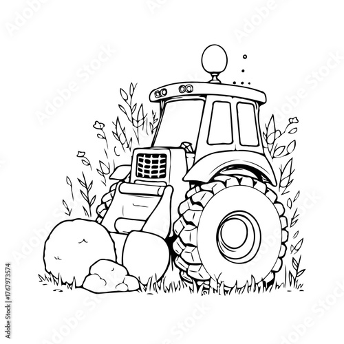 Illustration of a whimsical tractor nestled in flourishing foliage creates an engaging and