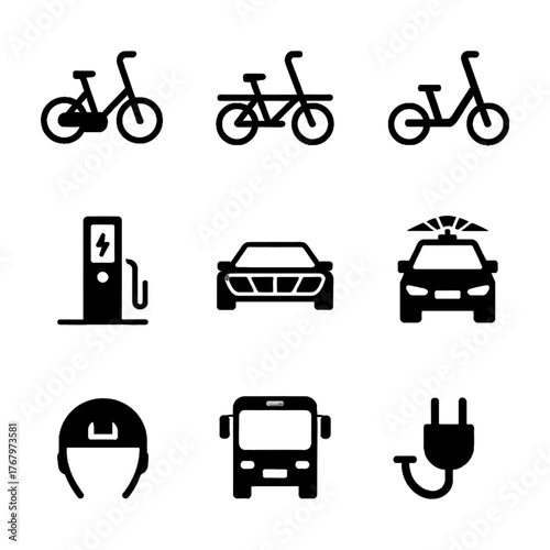 Set of transportation and mobility icons including bicycles, cars, electric vehicle charging, bus, helmet, and plug symbol