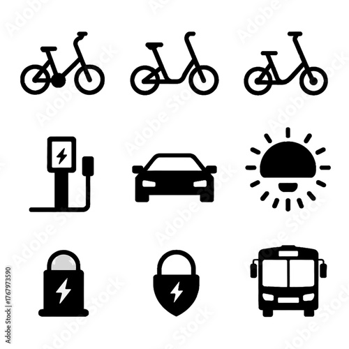 Set of transportation and energy-related icons including bicycles, electric vehicle charging, car, sun, lock with lightning, shield, and bus