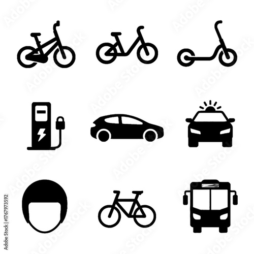 Set of transportation and mobility icons including bicycles, scooter, electric vehicle charging station, car, taxi, bus, and a person silhouette