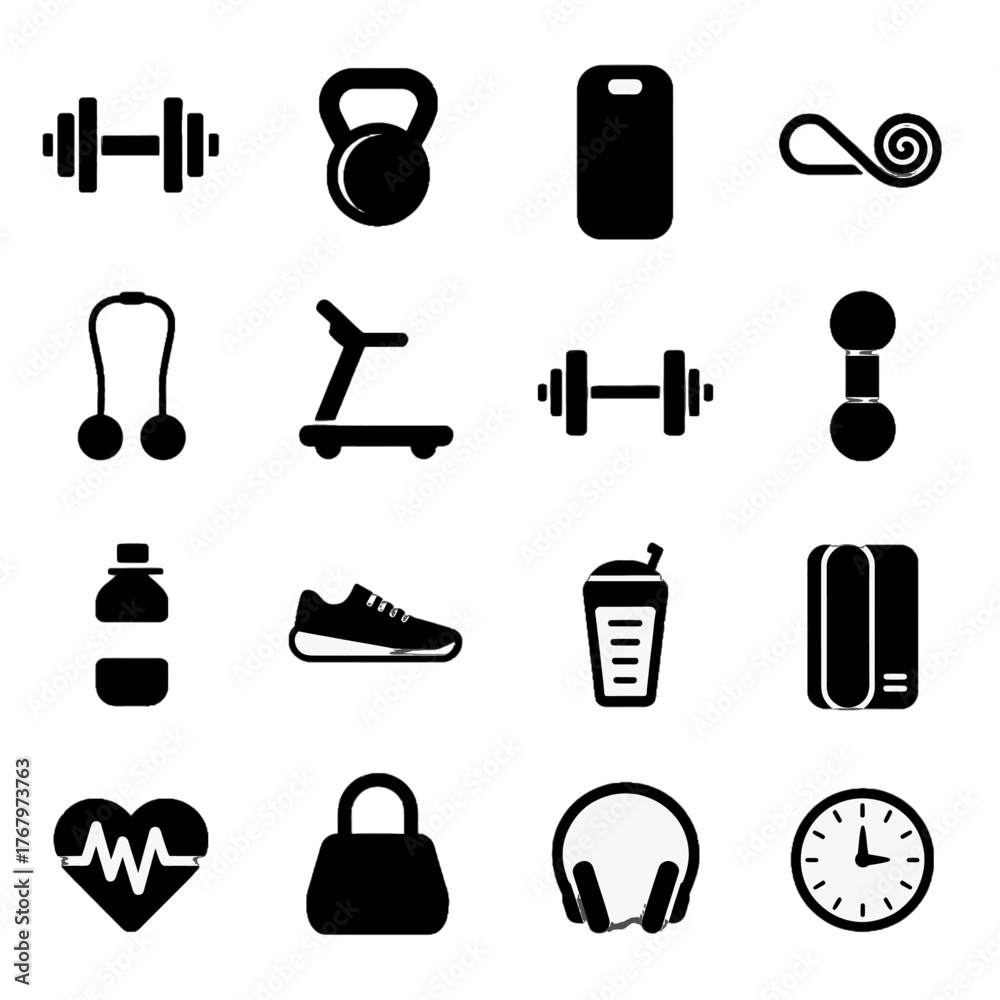 Fototapeta premium Collection of fitness and wellness icons including weights, kettlebell, treadmill, water bottle, sneakers, protein shake, heart rate monitor, headphones, and clock