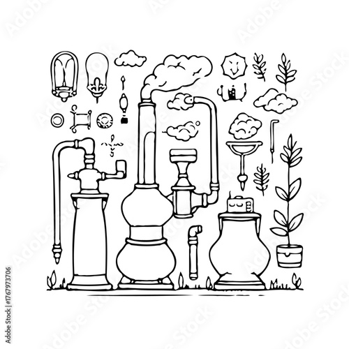 Illustrative representation of an alchemical apparatus with ethereal clouds and whimsical details