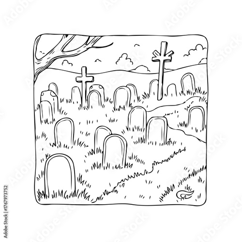 Ink drawing showcasing a quiet cemetery landscape with weathered headstones under a serene sky and