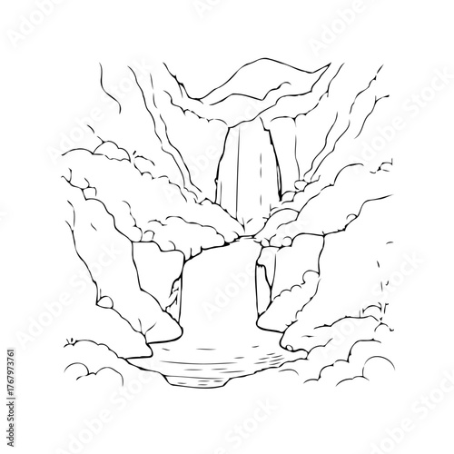 Ink drawn waterfall cascading over rocky precipice forming tranquil pool beneath drawing scenic