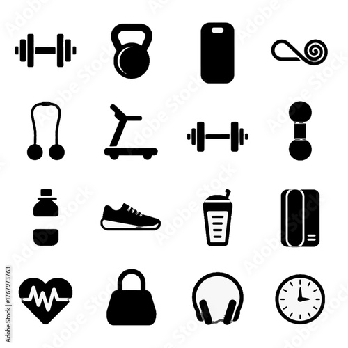 Collection of fitness and wellness icons including weights, kettlebell, treadmill, water bottle, sneakers, protein shake, heart rate monitor, headphones, and clock