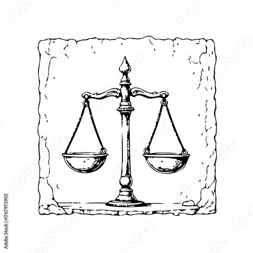 Intricate line drawing of scales of justice emphasizing balance and equilibrium within a textured