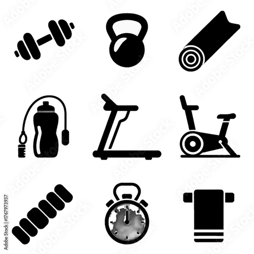 Collection of fitness equipment and workout-related icons including dumbbells, kettlebell, yoga mat, water bottle, treadmill, exercise bike, resistance bands, stopwatch, and towel.