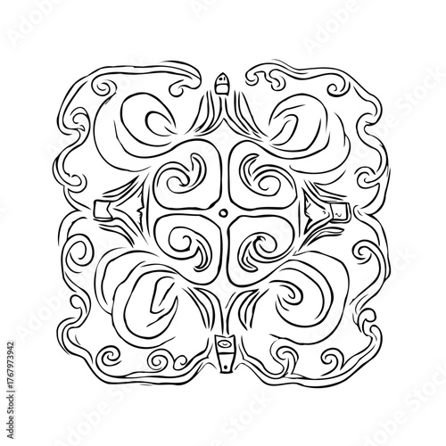 Intricate swirl ornament of abstract design creating artful and symmetrical balanced structure to