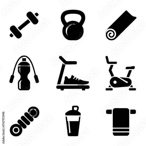 Set of fitness equipment icons including dumbbell, kettlebell, yoga mat, jump rope, treadmill, exercise bike, resistance band, shaker bottle, and towel