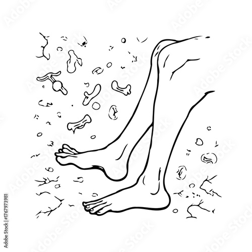 Line art drawing of human legs on cracked ground with scattered elements, representing fragility,