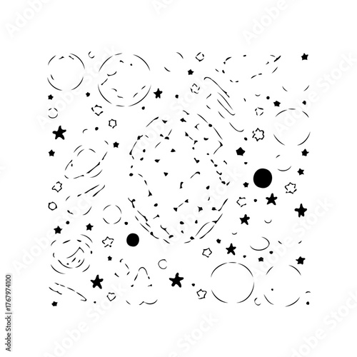 Minimalist cosmic exploration: a black and white linear representation featuring celestial shapes,