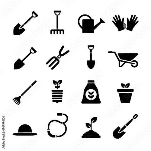 Set of gardening tools and equipment icons including shovels, rakes, watering cans, wheelbarrows, gloves, seeds, plants, and a hat