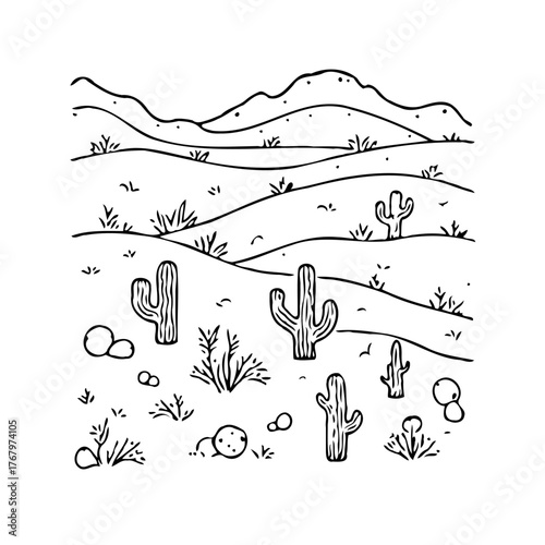 Minimalist desert landscape illustration with cacti rocks and rolling hills evoking tranquility
