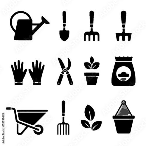 Set of gardening tools and equipment icons including watering can, shovel, rake, gloves, shears, potted plant, soil bag, wheelbarrow, leaf, and bucket