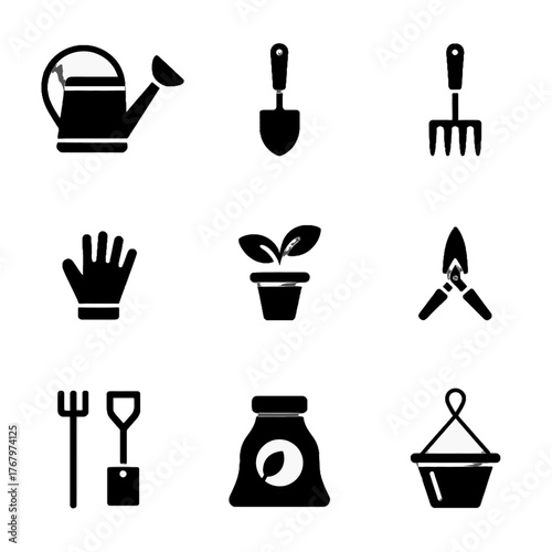 Set of gardening tools and equipment icons including watering can, shovel, rake, gloves, potted plant, shears, fork, trowel, fertilizer bag, and hanging basket
