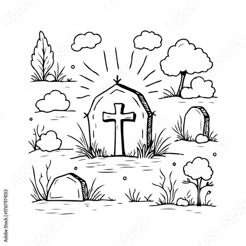 Minimalist graveyard illustration with a prominent cross symbol stone, representing faith hope and