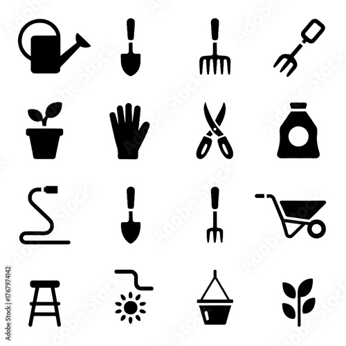 Set of gardening tools and equipment icons including watering can, shovel, rake, trowel, gloves, shears, wheelbarrow, hose, stool, sun, bucket, and plant symbols.